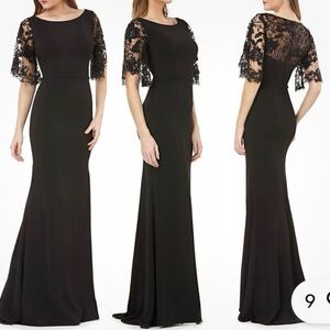 Carmen Marc Valvo Black Lace Flutter Sleeve Gown